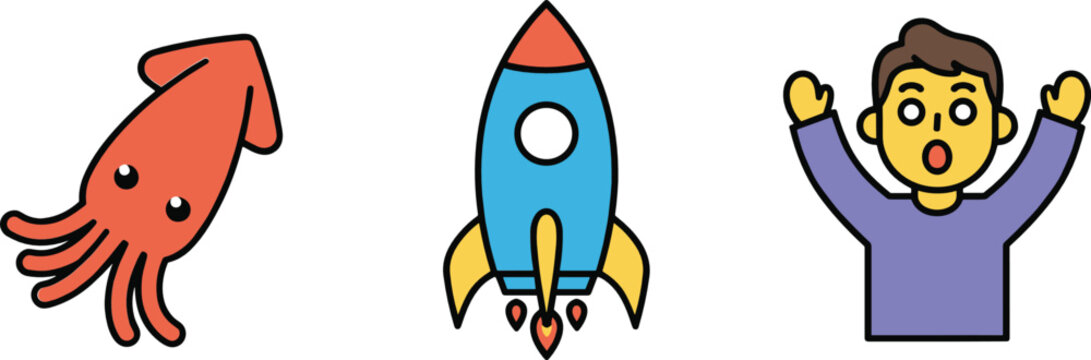Cute cartoon icons set with squid rocket launch and surprised person flat vector illustration
