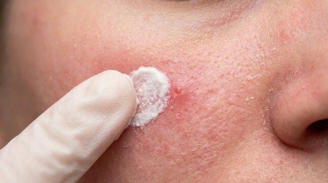 Applying white cream to inflamed acne pimple on cheek