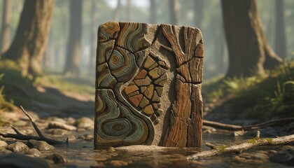 Carved Artifact Standing in Misty Forest Stream