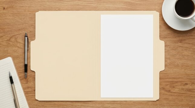 Blank document in a beige folder on a wooden surface