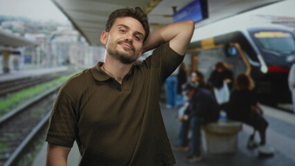 Obraz premium Young hispanic man with hand behind head beside commuter train on street platform, bare forearm visible; casual confidence.