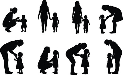 Obraz premium Mother and daughter silhouettes set showing caring parenting moments family love childhood relationship vector illustration isolated on white background