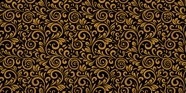 Elegant gold floral pattern on a black background showcasing intricate baroque designs