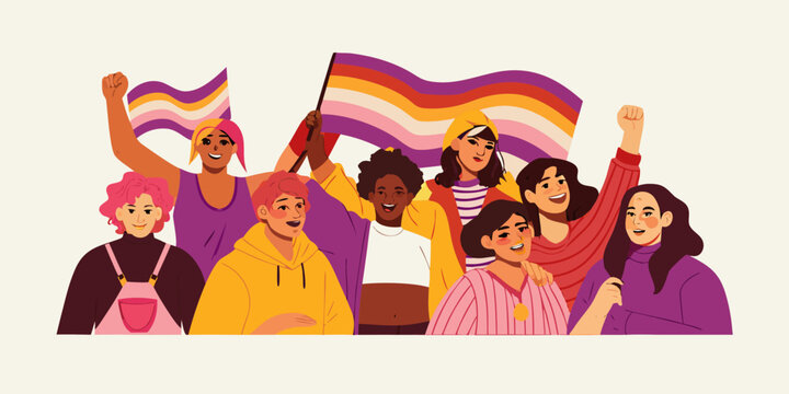 Diverse group of people celebrating with lesbian and progressive pride flags