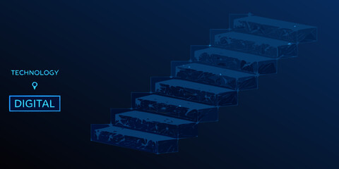 Abstract digital staircase with glowing blue lines on a dark background