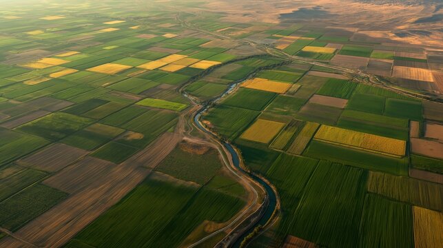 High altitude aerial view of colorful patchwork farmland with geometric crop fields divided by irrigation canal and rural roads
