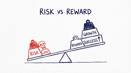Risk vs reward concept with seesaw balancing risk and loss against reward, growth, and success in hand drawn style illustration