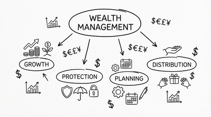 Wealth management concept with growth, protection, planning, and distribution elements illustrated with hand drawn icons and symbols for financial