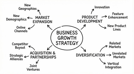 Business growth strategy diagram showing market expansion, product development, acquisition partnerships, and diversification for success