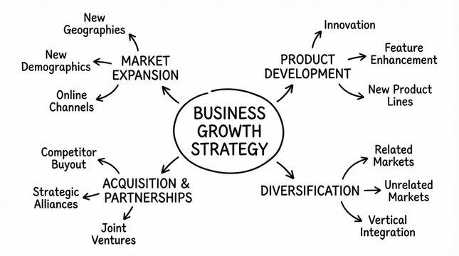 Business growth strategy diagram showing market expansion, product development, acquisition partnerships, and diversification for success