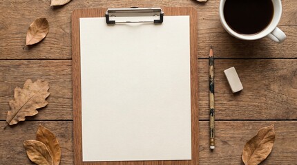 Clipboard with blank paper and pencil on wooden desk