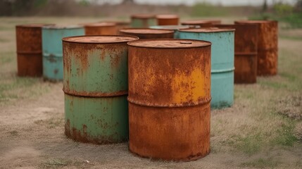 Fototapeta premium Group of Rusted Oil Barrels in an Outdoor Setting Surrounded by Grass and Nature, Captured in Warm Natural Lighting
