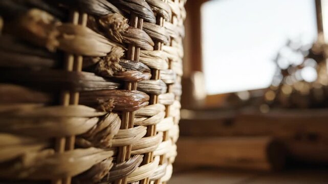 Macro Shot of a Handwoven Wicker Basket with Muted Brown and Beige Tones on Wooden Surface With Window Light
