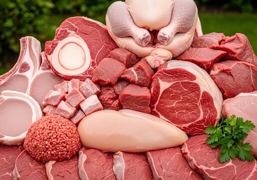 Variety of fresh raw meats arranged outdoors on a pile including beef pork and chicken cuts with herbs