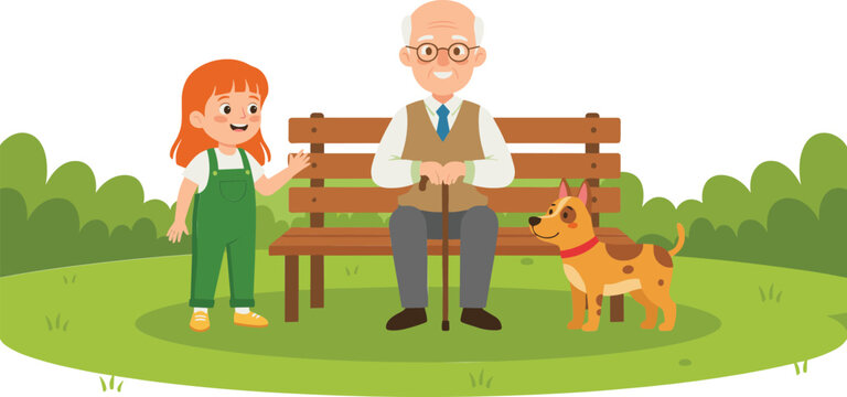 Happy grandfather sitting on park bench with granddaughter and dog outdoor family leisure cartoon vector illustration