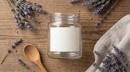 Empty glass jar with blank label on wooden table and lavender