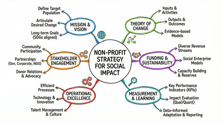 Nonprofit strategy for social impact includes mission vision, stakeholder engagement, operational excellence, theory of change, funding