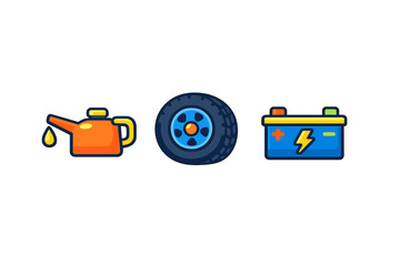Car Maintenance Icons: Oil Can, Tire, and Battery