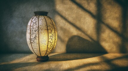 A white vase with a yellow light inside of it sits on a table. The vase is the main focus of the image, and the light inside of it creates a warm and inviting atmosphere. The room is dimly lit