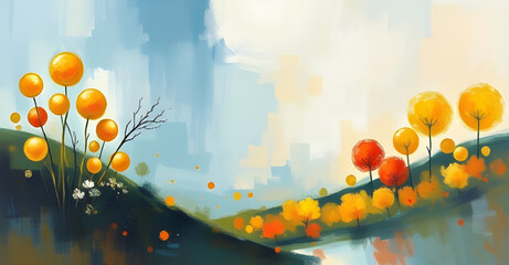 Obraz premium abstract, landscape, oil, painting, art, canvas, texture, brush, stroke, pigment, color, vibrant, expressive, creative, modern, contemporary, scenic, nature, horizon, hills, mountains, sky, clouds, fi