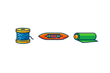 Textile manufacturing icons: spool of thread, shuttle, and fabric roll