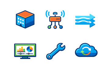 Set of 6 stylized glowing technology icons on a dark background