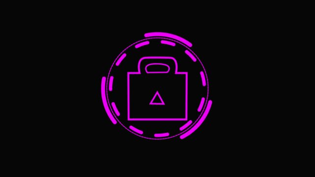 Neon pink briefcase icon with a triangle symbol inside a circular graphic on a animated black background
