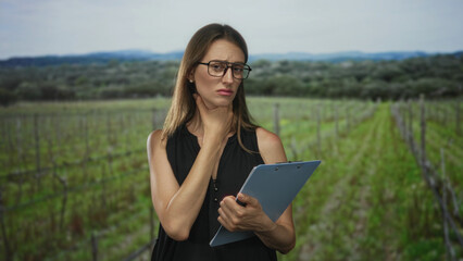Obraz premium Woman holding clipboard and touching her neck while frowning in a forest vineyard field inspection; rural inspection concern.