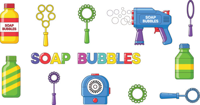 Colorful Soap Bubbles Toy and Bottle Icon Set with Bubble Guns and Wands for Kids Party Design