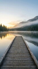 Muelle de madera que se adentra en un lago tranquilo con niebla y monta&ntilde;as al amanecer, reflejando el paisaje sereno y los &aacute;rboles en el agua en calma.