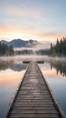Muelle de madera que se adentra en un lago tranquilo con niebla y monta&ntilde;as al amanecer, reflejando el paisaje sereno y los &aacute;rboles en el agua en calma.