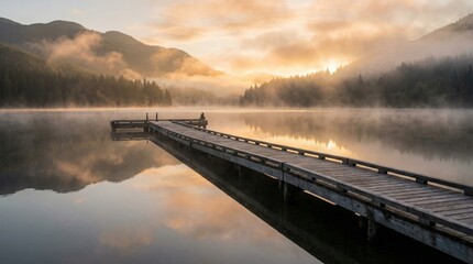 Muelle de madera que se adentra en un lago tranquilo con niebla y monta&ntilde;as al amanecer, reflejando el paisaje sereno y los &aacute;rboles en el agua en calma.