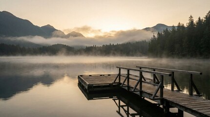 Muelle de madera que se adentra en un lago tranquilo con niebla y monta&ntilde;as al amanecer, reflejando el paisaje sereno y los &aacute;rboles en el agua en calma.