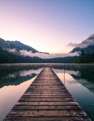Muelle de madera que se adentra en un lago tranquilo con niebla y monta&ntilde;as al amanecer, reflejando el paisaje sereno y los &aacute;rboles en el agua en calma.