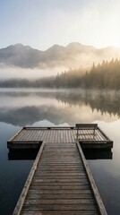 Muelle de madera que se adentra en un lago tranquilo con niebla y monta&ntilde;as al amanecer, reflejando el paisaje sereno y los &aacute;rboles en el agua en calma.