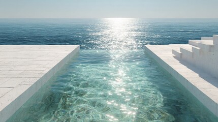 Fototapeta premium Infinity pool merging with ocean, bright sunlight, minimalist architecture, sunny coastal scene