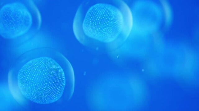 Blue digital cell structures abstract background. Cyber biotechnology science and genetic concept. Hi-tech innovation AI research. 3d render animation