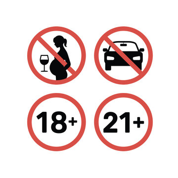 Set of four prohibition symbols with a pregnant woman holding a glass of wine, a car, an 18 plus sign, and a 21 plus sign