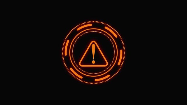 Orange Exclamation Mark Warning Symbol within Futuristic Digital Circle on animated Black Background