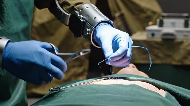 Medical gloves performing AI-assisted emergency suturing in field hospital