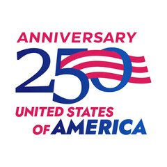 Vector logo for the 250th anniversary of the United States, in the colors of the national flag, on a white background. Celebrating American independence on July 4th.