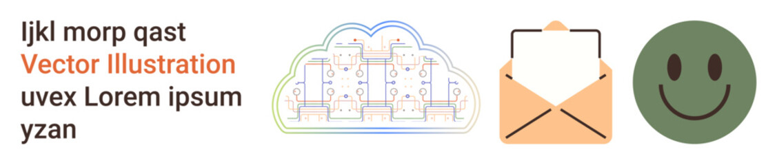 Fototapeta premium Technology, cloud computing, digital messaging, communication, data sharing, positivity. Features a cloud design with circuits, a mail envelope and a green happy face. Cloud computing and digital