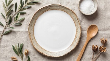 Rustic ceramic plate with wooden spoon on linen background