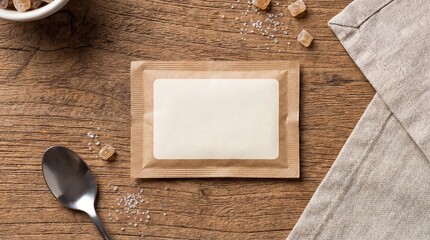 Single sugar packet with white label on wooden table