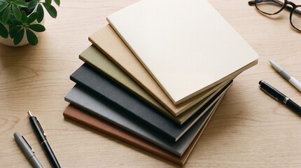 Stack of blank notebooks on wooden surface