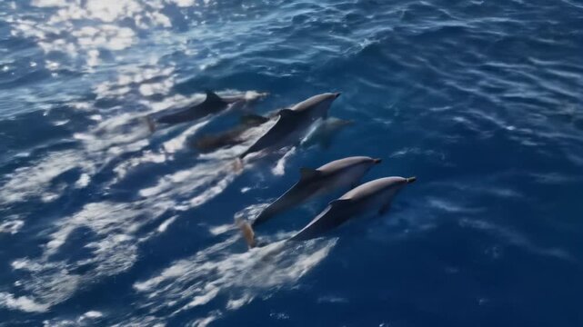 Ultra-smooth slow-motion drone video captures a pod of common dolphins in pristine deep blue ocean water, dramatic sunlight casting golden patterns. Wide overhead video tracks their fluid,