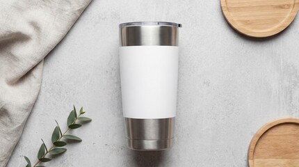 Stainless steel tumbler with white grip on textured background