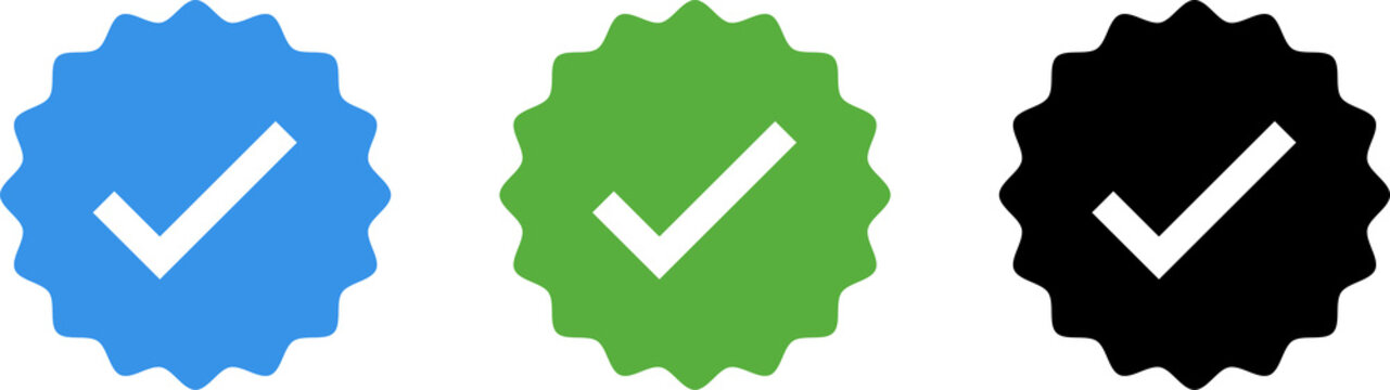 Verified checkmark badges and simple white tick symbol representing approval or completion isolated on transparent background