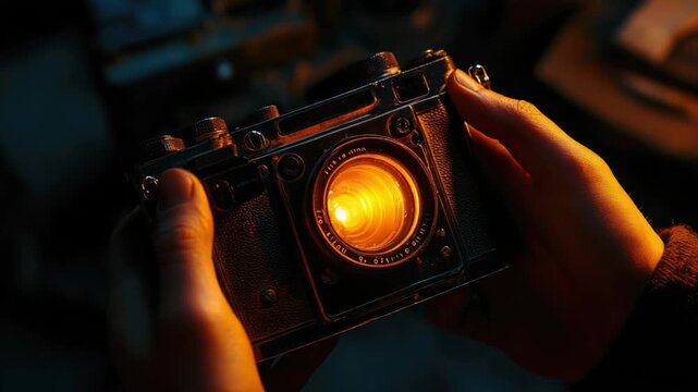 Video A person is holding a camera with a yellow light turned on, suitable for use in tutorials or equipment demonstrations