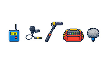 Various audio recording equipment is shown on a simple background including a wireless transmitter, microphone, boom pole, audio bag, and windscreen © Alan